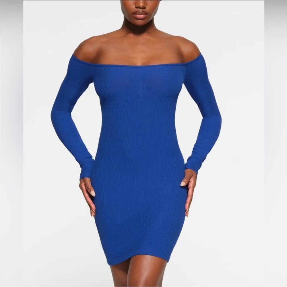 SKIMS SOFT LOUNGE OFF THE SHOULDER DRESS COBALT 3X